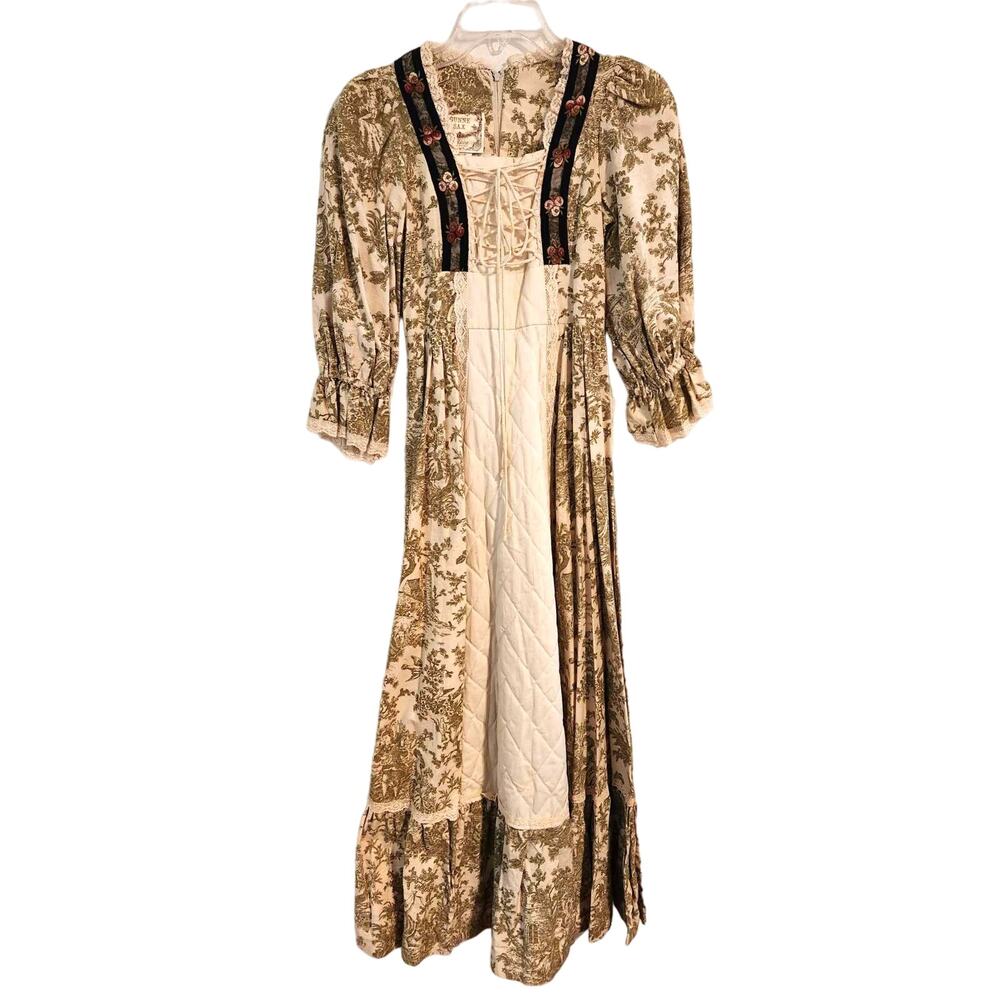 Vintage 1970s Gunne Sax by Jessica Green Cream French Prairie Long Dress Size 5